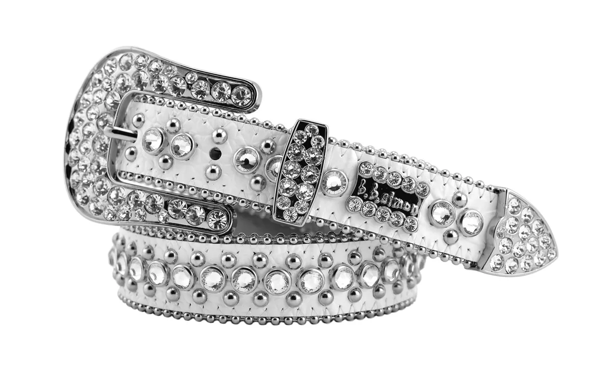 BB Simon Skinny Kish Belt Clear Ice Crystal White Silver 30 32 34 36 38 40  42