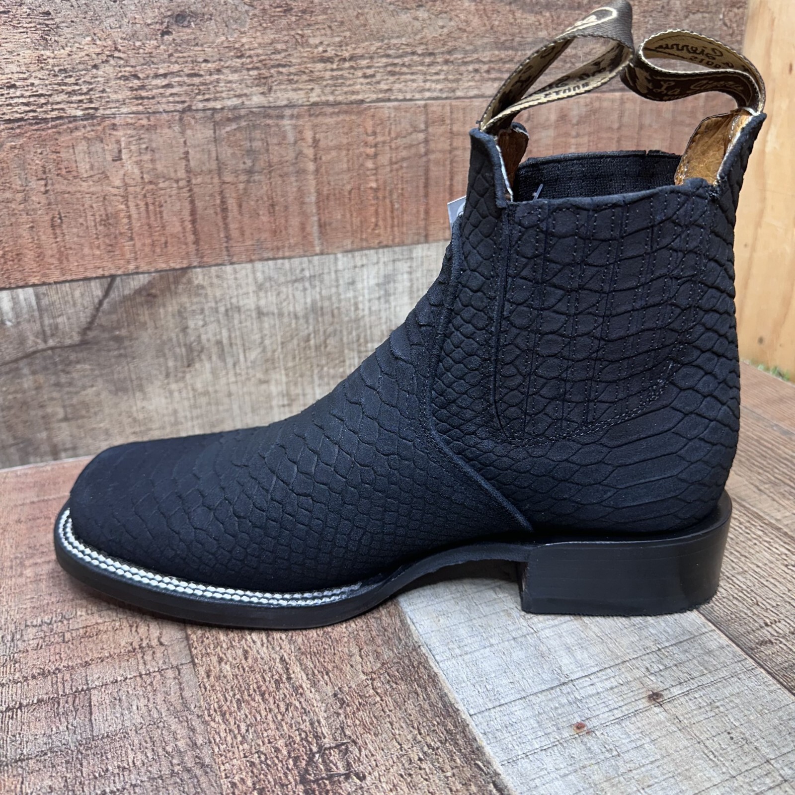 Men's Western Cowboy Square Toe Black Ankle Boot from Python Printed Botin 715