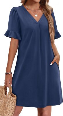 Women's Ruffle Short Sleeve V-Neck Shift Dress - Loose Fit & Easy Wear