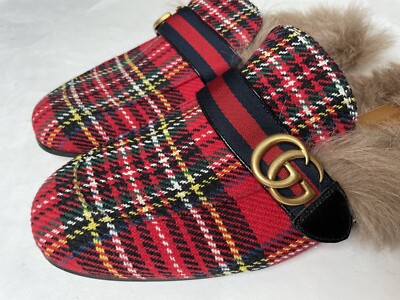 GUCCI Men's Princetown Red GG Plaid Tartan Fur Slipper Sz 10 MINT