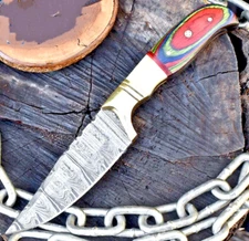 Damascus Steel SKINNER 8" OA Full Tang Fixed Blade Knife, Bone & Wood Handle