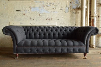 HANDMADE 3 SEATER CHARCOAL GREY WOOL CHESTERFIELD SOFA, FABRIC COUCH CHAIR