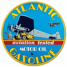 ATLANTIC GASOLINE PLANE 14" ROUND HEAVY DUTY USA MADE METAL GAS ADVERTISING SIGN
