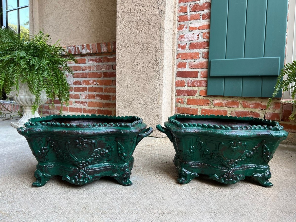 PAIR Antique French Cast Iron Jardiniere Large Footed Cache Pot