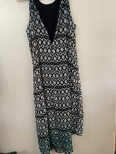 Karen Kane Black, Ivory & Teal Geometric Maxi hi low Dress cocktail party xl
