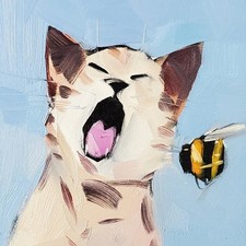 Cat Meow Bee PRINT Canvas of Painting by Artist Jose TRUJILLO 16x16 Modern Art