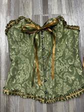 Corset Top Womens M Green Floral Jacquard Overbust Boned Lace Up Ruffle Corset