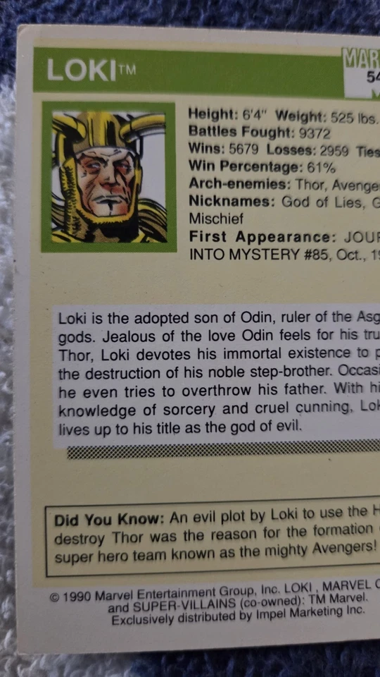Tarjeta Loki 1990 Impel Marvel Comics Universe Super Villans #54 Foto 4 de 4