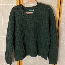 VTG LL Bean Factory Store Dark Green V Neck Textured Knit Sweater Mens Medium
