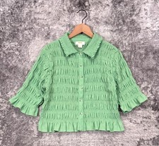 Anthropologie Top Medium Womens Maeve Smocked Button Front Shirt Green