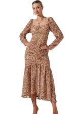 ASTR The Label Athena Women's Dress Midi Floral Tan Halterneck Ruched Medium NEW