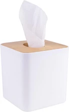 White Tissue Box Holder Cover for Bathroom, Home or Office, Bamboo Plate