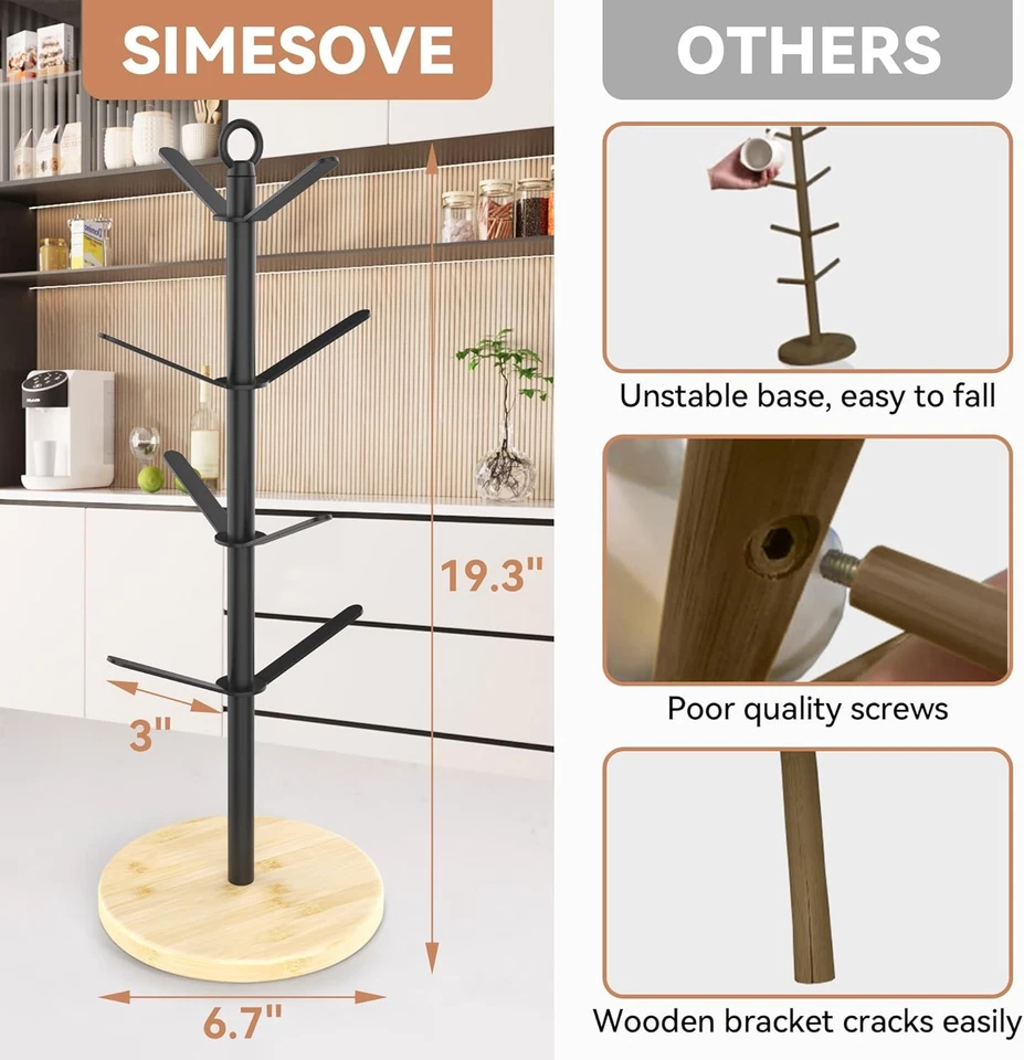 Suporte para caneca de café simesove, árvore de xícara antiderrapante com 8 ganchos, base natural de madeira - Imagem 2 de 4