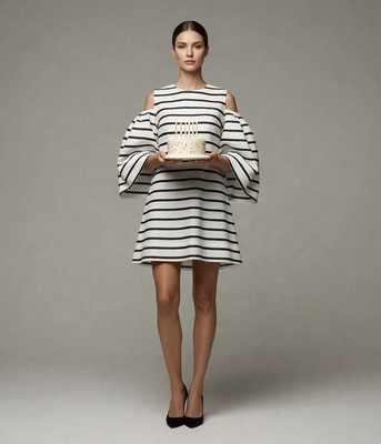 PASKAL Designer Minimalist Stripe Mini Dress Bell Sleeve POCKETS MSRP $570 Sz S