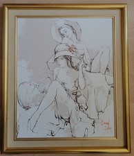 ** TABLEAU HUILE SUR TOILE DE BERNARD DUFOUR  "JEUNES FEMMES EN PIQUE-NIQUE"