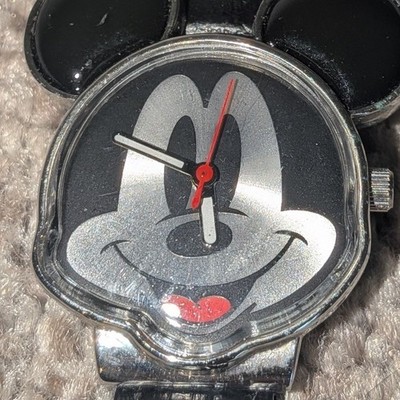 Disney Mickey Mouse Watch Silver Tone Mickey Head Case Black Leather Strap