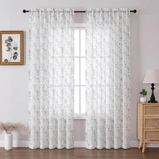 Linen Look Grey Floral Curtains - Farmhouse Peony Flower Patterned Drapes for...