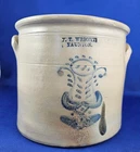 Blue Decorated Stoneware Crock Ear Handles F T Wright  TAUNTON Mass 1866-70s