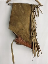 Western Suede Camel Leather Chaps with Fringe 25" Waist Open Measured