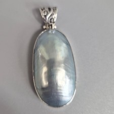 Statement Large Pendant 925 Sterling Silver & Blue Mabe Pearl Cabochon Set