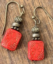 Bronze Tone with Etched Red Vintage Bead Dangle Earrings. Light Weight