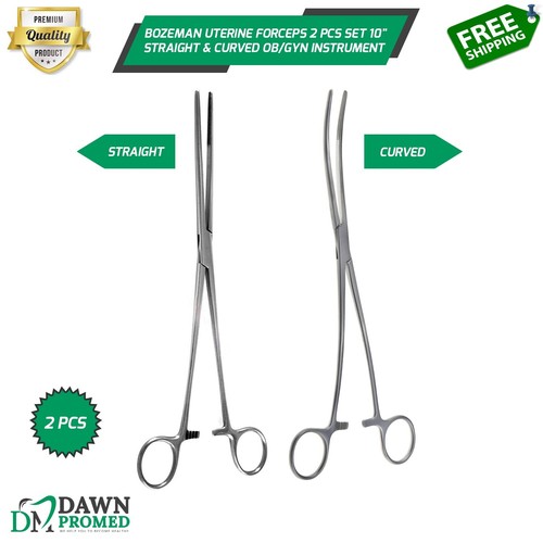 Bozeman Uterine Forceps 2 Pcs Set 10" Straight & Curved OB/GYN Inst