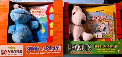 Sesame Street Cookie Monster Plush and Songbook / Snoopy Plush and Book - New