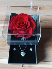 Valentine: Red Rose Jewellery Box & Drawer. Best Wishes. 925 Plated Pendant.
