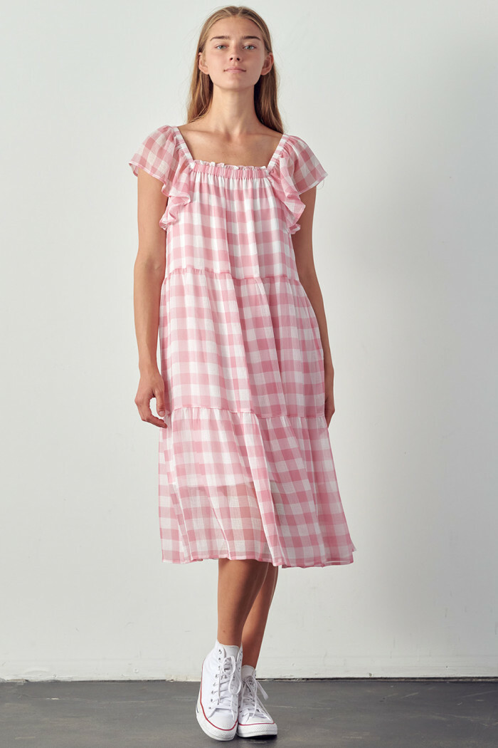 pink gingham dress ladies &MERCI Women's Check Ruffle Sleeve Midi in Size M COLORE_Rosso