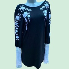 ASOS New Black White Embroidered Dress Jersey Fringe Size 8 Fits M Open Back