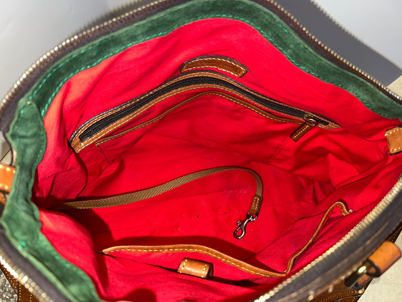 Vintage Beautiful Dooney and Bourke Tan Tassel Red & Green Interior HandBag image 5