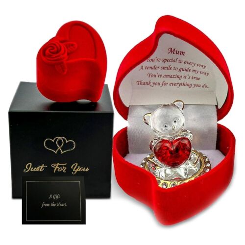 MUM Love Heart Teddy Bear Red Rose MotherDay Gifts Boxed Glass Present Ornament - Picture 1 of 6