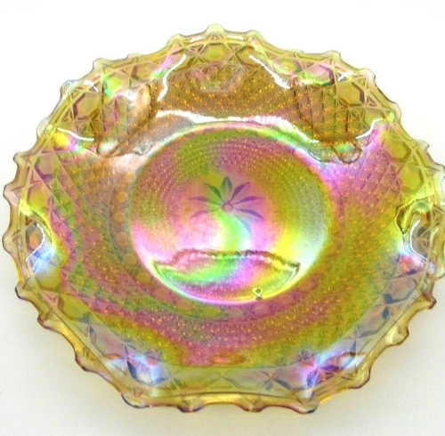Indiana Glass Marigold Carnival Diamond Point & Flower Ruffled Bowl Dish 10" D
