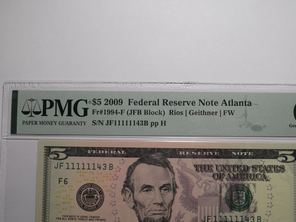 $5 2009 Fancy Near Solid Serial Number Federal Reserve Bank Note Bill #11111143 - Image 2 of 4