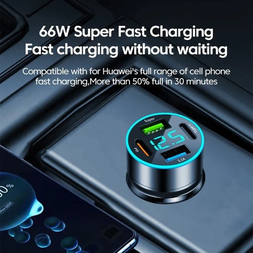 66W USB PD Car Charger, 4-Port Type-C QC 3.0 Fast Charger with Digital Display - Photo 5 sur 15