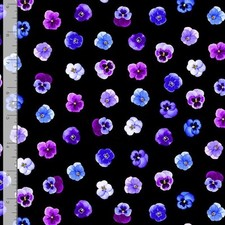 Pansy Perfection Fabric Tossed Purple Flower Black Timeless Treasures YARD