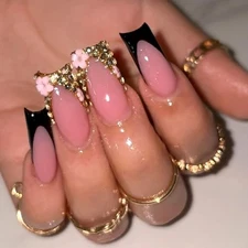 French Tip Press on Nails Black Medium Square Fake Nails French Tip Fake Nails