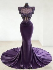 Elegant Purple Mermaid Evening Dresses High Neck Crystals Beaded Party Prom Gown