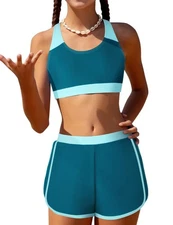 Gaupafmb Girls Bathing Suit 3PCS Bikini Color Block Crop Top Briefs with Shorts