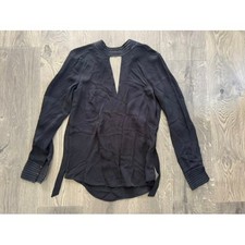Veronica Beard Silk Blouse 4 Black Cutout V-Neck Tie Back Pleated Cuff Excellent
