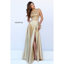 NWT Sherri Hill Gold Two Piece Halter High Slit Gown Dress Size 6 Prom Formal