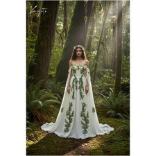 Green Leaf Embroidery With Cape Wedding Dress Off Shoulder A-line Sweep Train