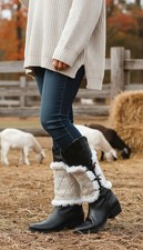 Women Boots Covers Toppers Pair White Faux Fur Slip On Booties Heels Beige Knits