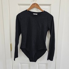 Mangopop Womens Black Long Sleeve Crew Neck Bodysuit Size Medium Slim Fit Solid
