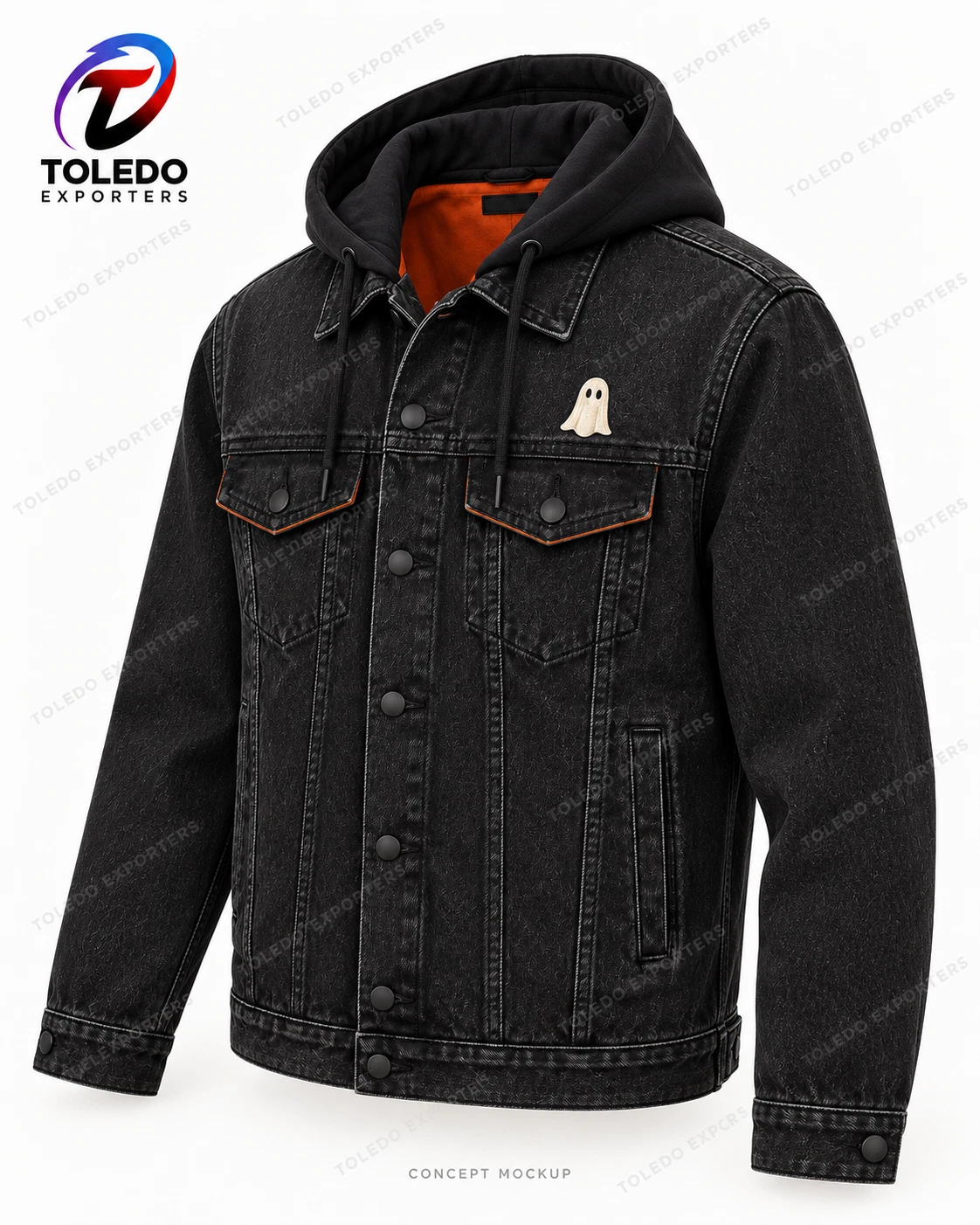 Black Hooded Ghost Denim Jacket with Orange Lining and Halloween Embroidery image 1