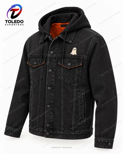Black Hooded Ghost Denim Jacket with Orange Lining and Halloween Embroidery video thumbnail