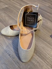 Ladies Ballet Flats Pumps Ballerina Ankle Strap  Low Wedge UK5  Sliver Glitter