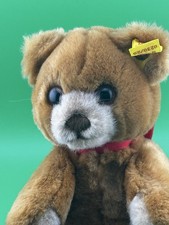 S7 - Classic Steiff Mohair Teddy Bear, Chest, Ear Button Flag, 9 inches, Brown