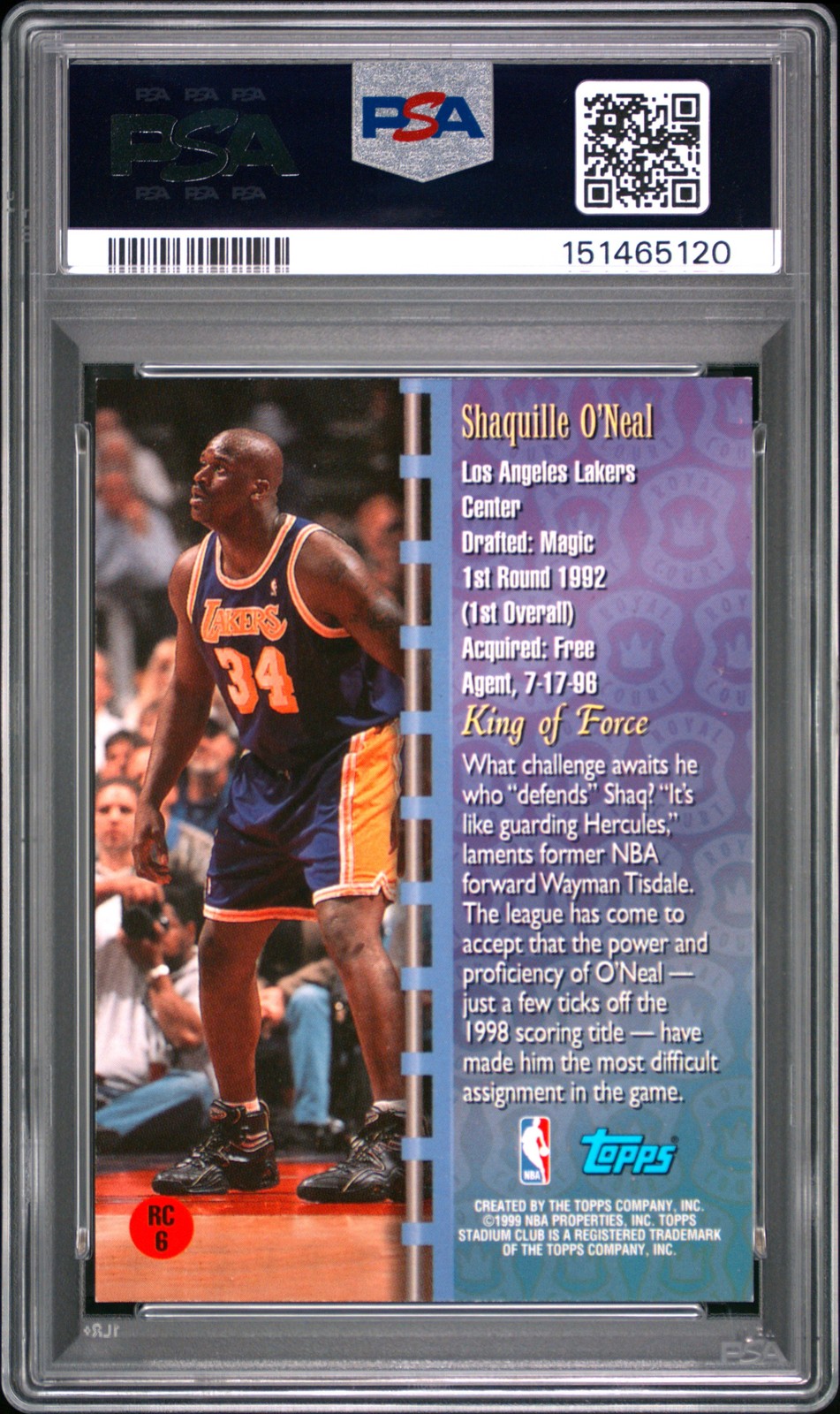 1998 TOPPS STADIUM CLUB ROYAL COURT #RC6 SHAQUILLE O'NEAL PSA 7 view 2