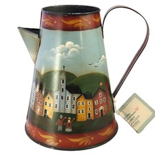Rustic Hand Painted COLONIAL AMERICANA Farmhouse Tin Pot Nancy Dow 8" x 9"